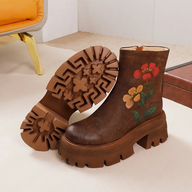 70mm Platform Leather Retro Boots For Women Hand Painted Flower Decoration Coffee/Black