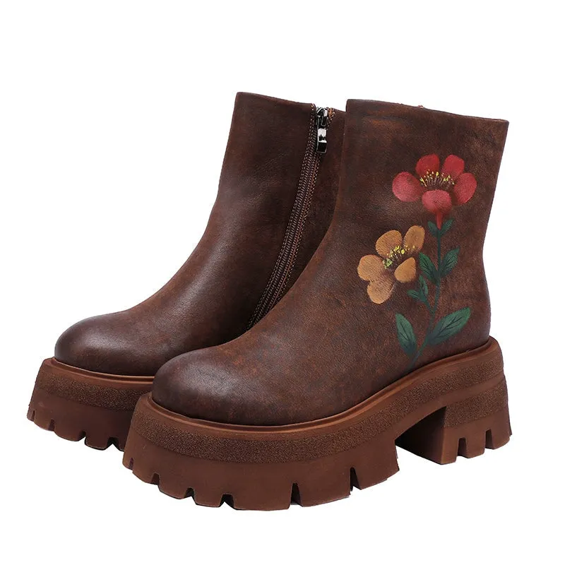 70mm Platform Leather Retro Boots For Women Hand Painted Flower Decoration Coffee/Black