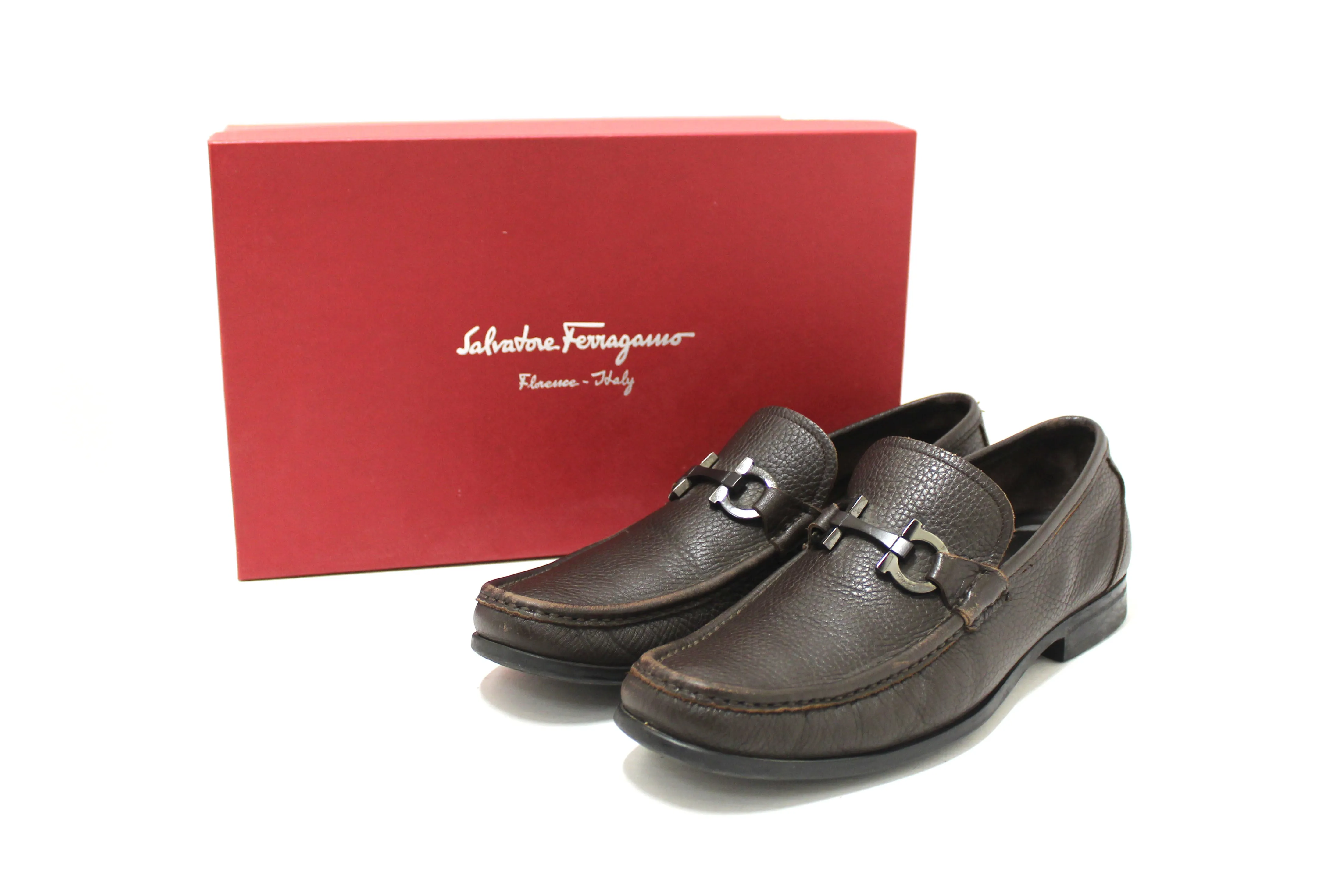 Authentic Salvatore Ferragamo Men's Brown Grandioso Calf Leather Loafer Dress Shoes size 8