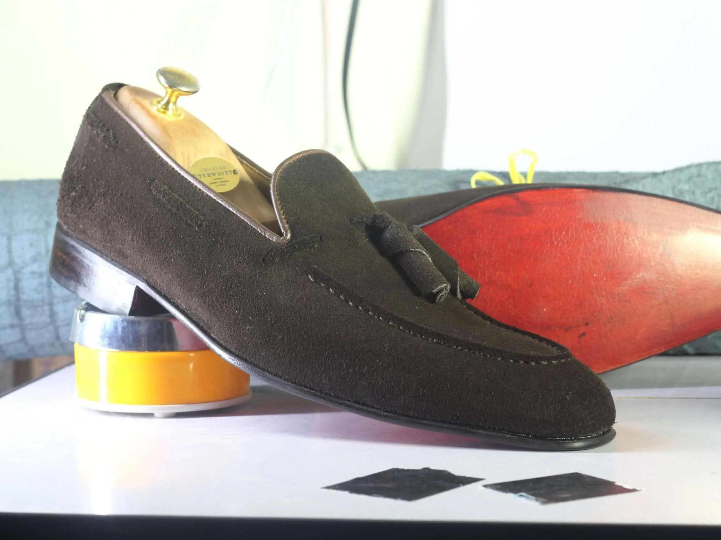 Bespoke Chocolate Brown Tussle Loafer Suede Shoe for Men