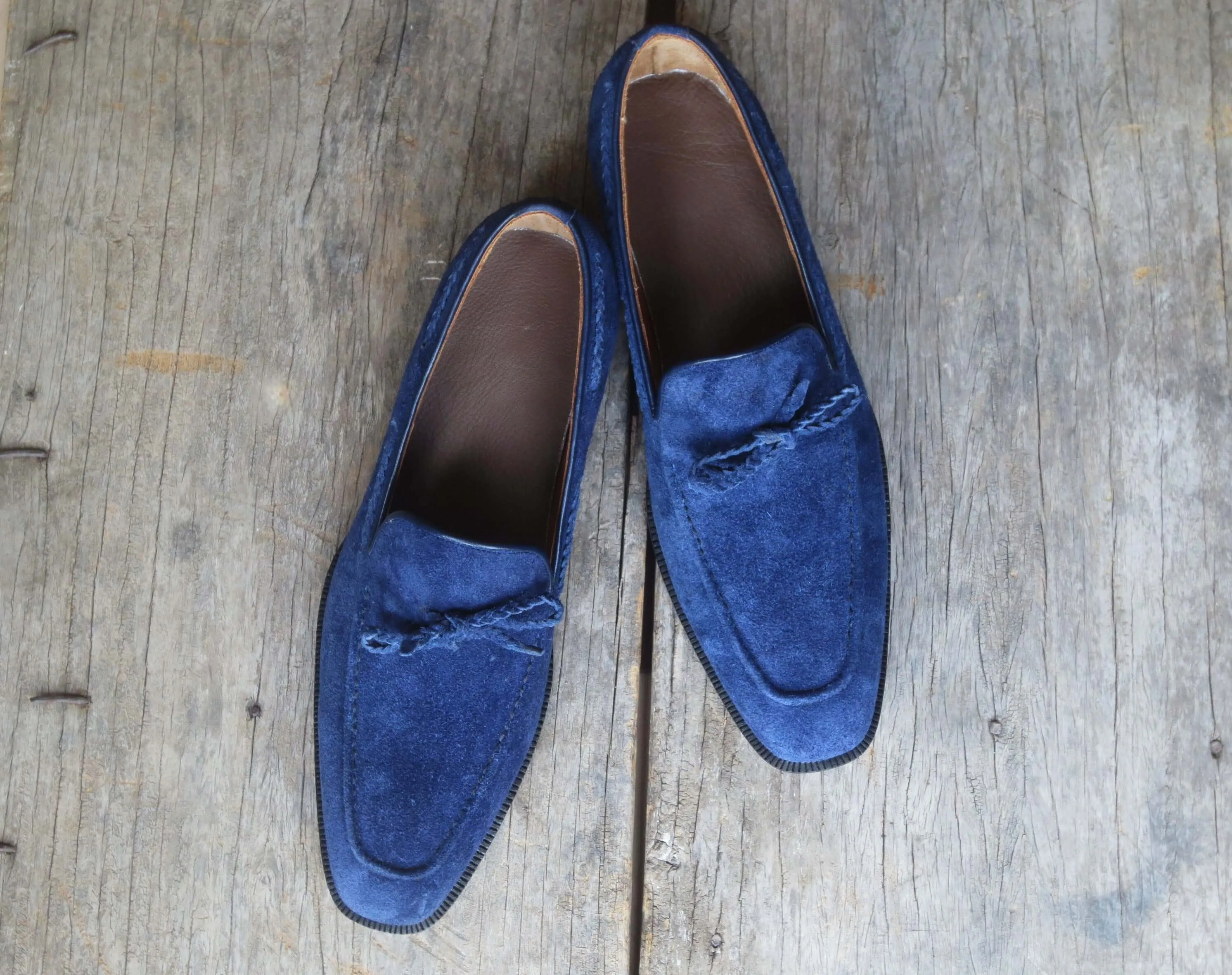 Bespoke Navy Blue Tussle Loafer Suede Shoe for Men's