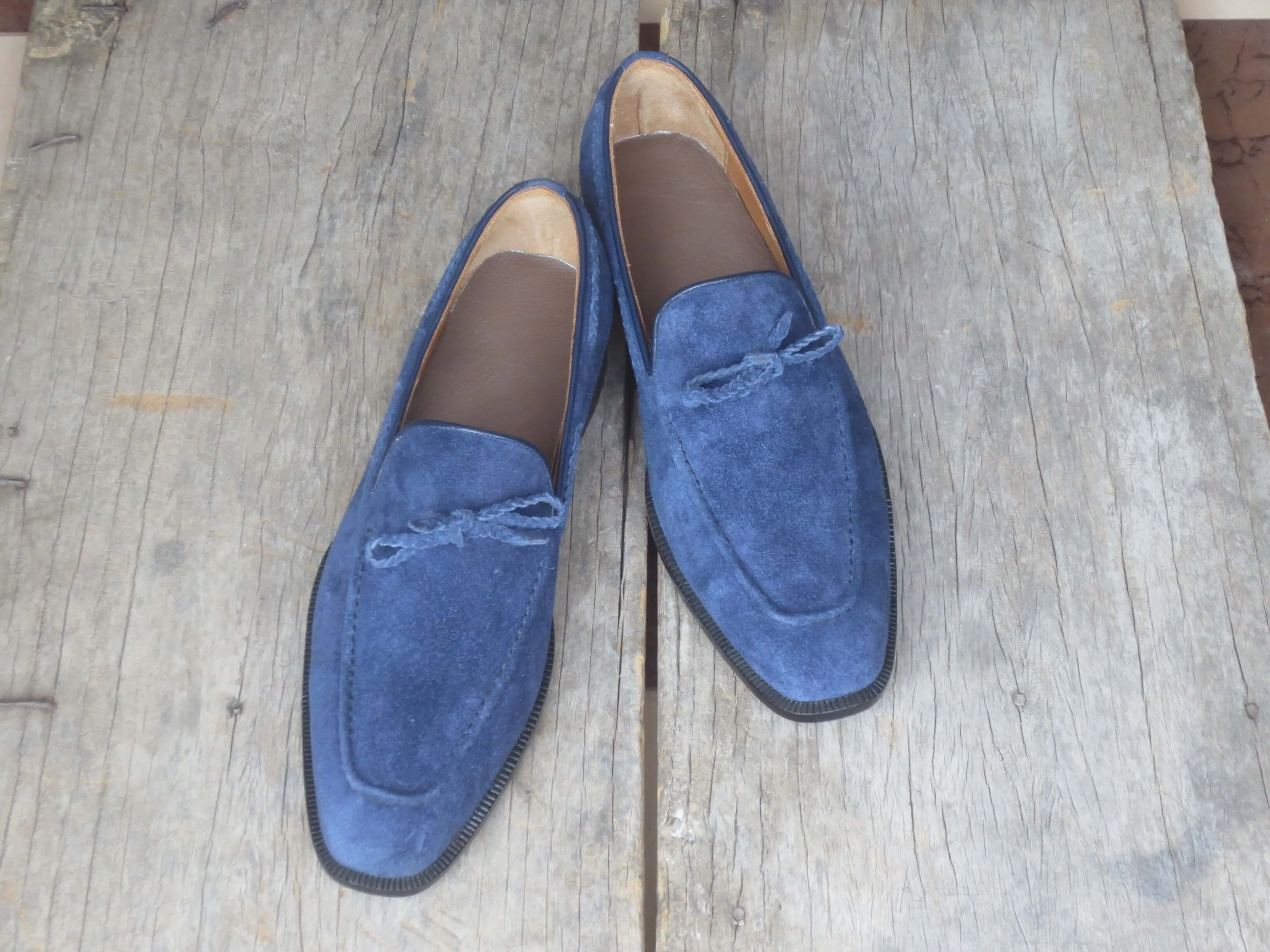 Bespoke Navy Blue Tussle Loafer Suede Shoe for Men's