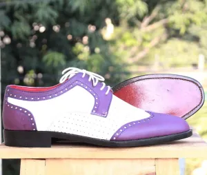 Bespoke Purple White Leather Wing Tip Lace Up Shoes