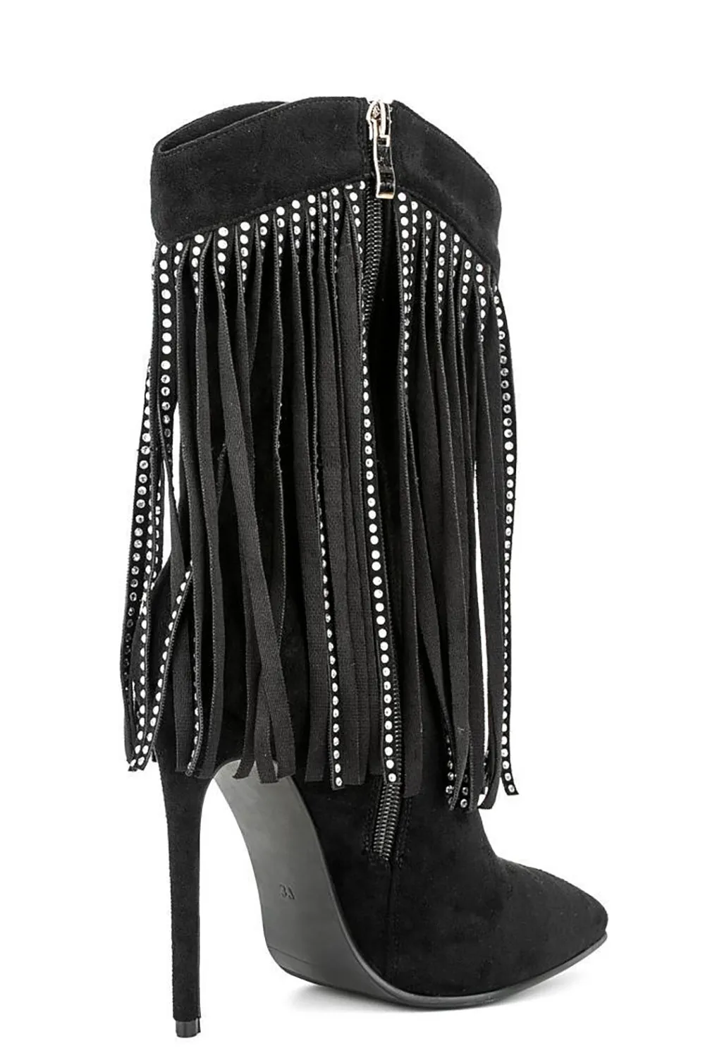 Black Suede Rhinestone Fringed Stiletto Heels Ankle Boots