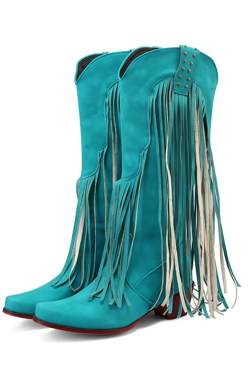 Blue Pointed Toe Wood Grain Thick Heel Boots with Tassel