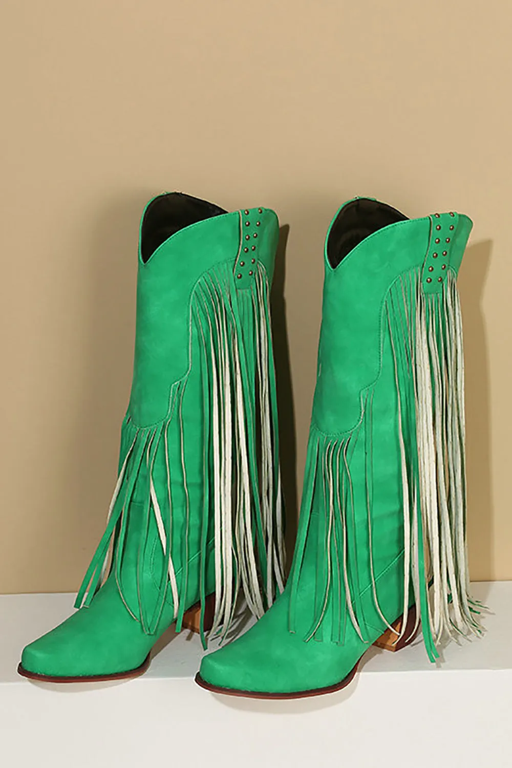 Blue Pointed Toe Wood Grain Thick Heel Boots with Tassel