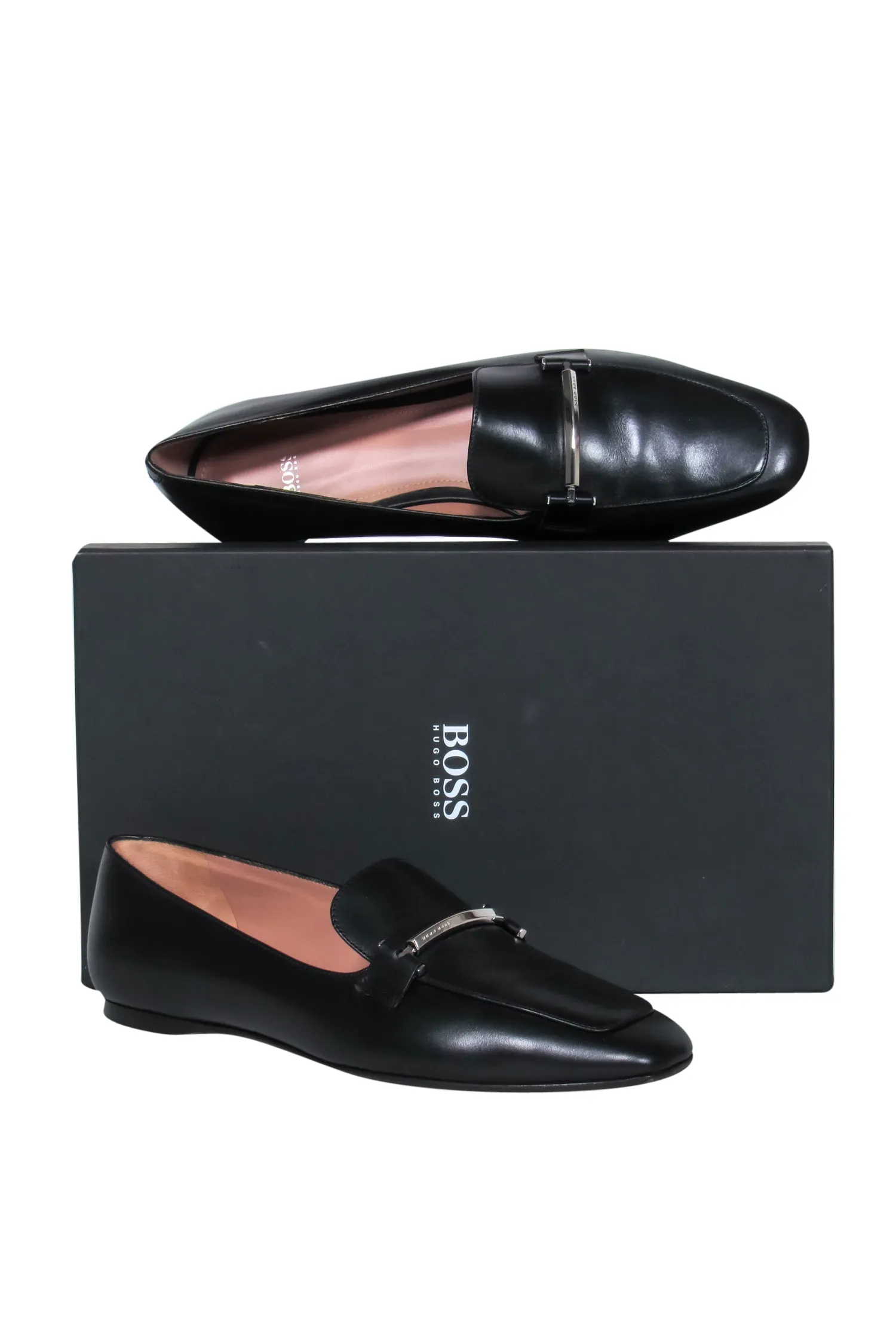 BOSS Hugo Boss - Black Leather Loafer w/ Silver-Toned Bar Sz 11