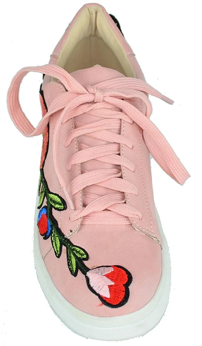 Chase & Chloe Women's Floral Embroidered Platform Fashion Sneakers