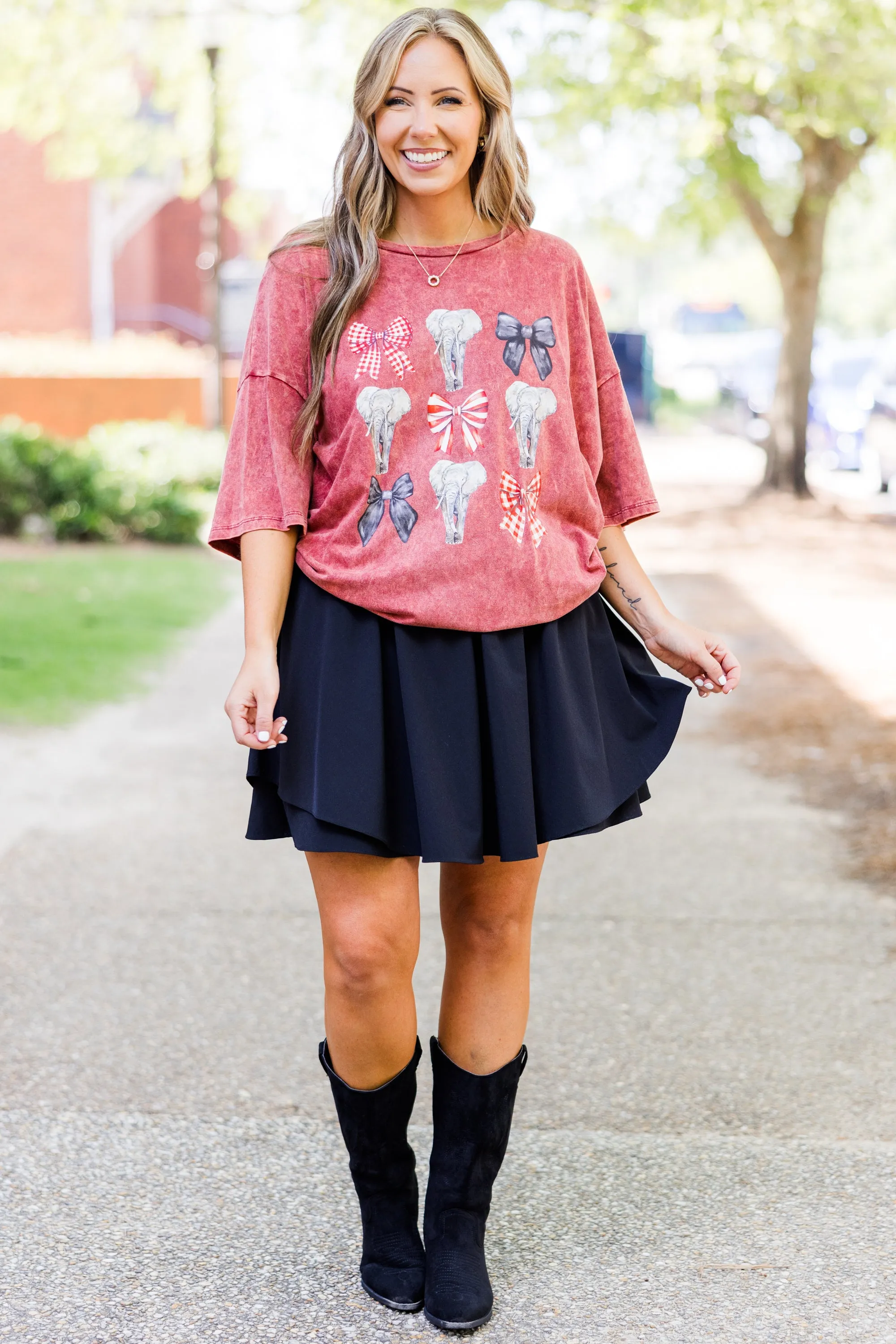 Cheering You On Acid Wash Boyfriend Tee, Burgundy