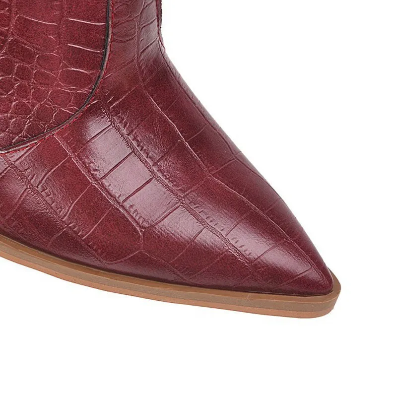 Classy Croc Effect Geometric Heel Mid Calf Western Boots - Burgundy