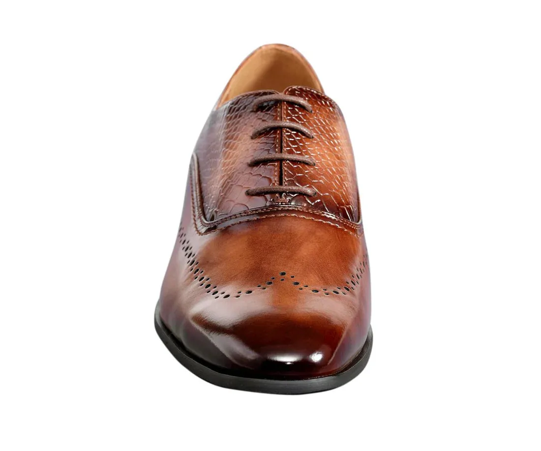 Cognac Men's Wingtip Leather Oxford Lace-Up Formal Dress Shoes