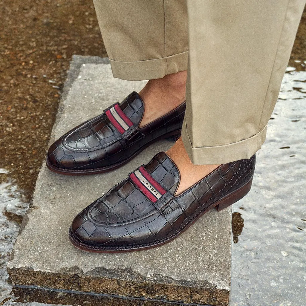 Dark Brown Croco Web Stripe Loafer