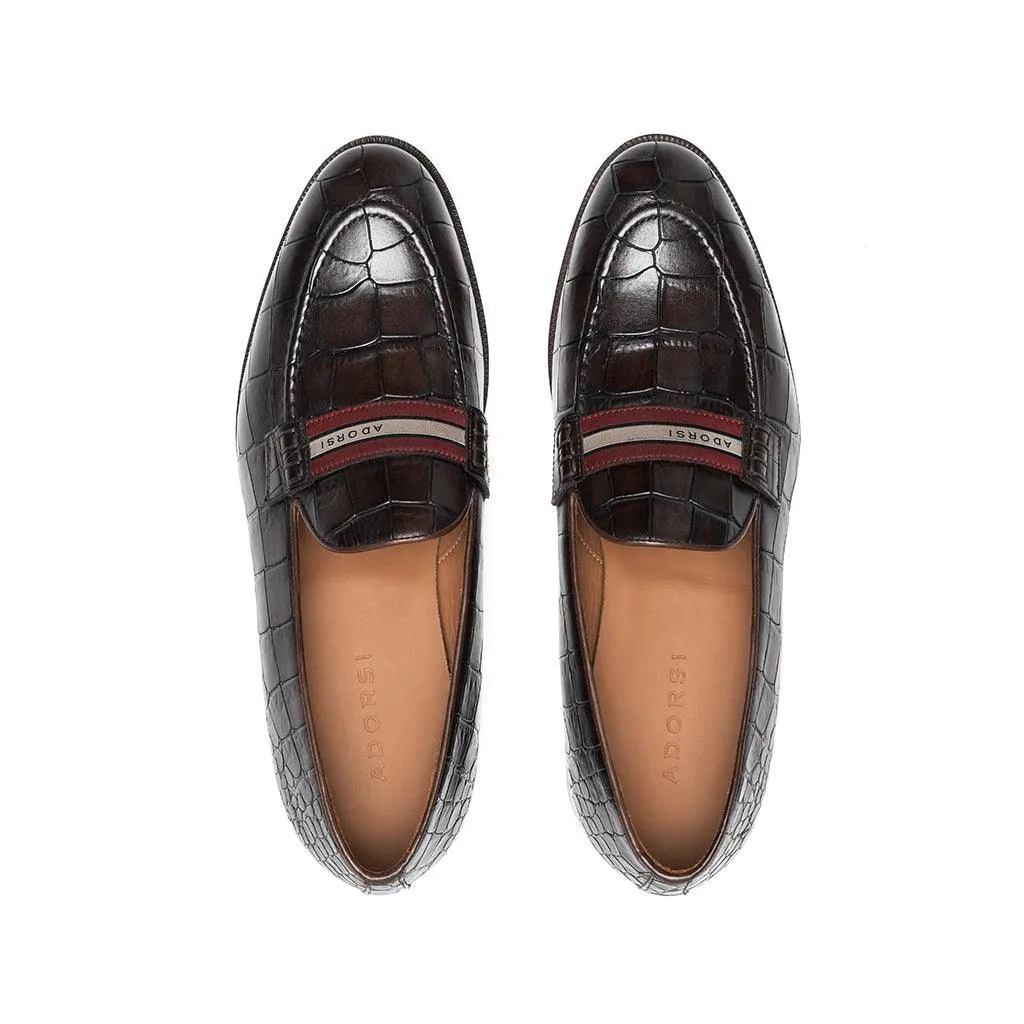 Dark Brown Croco Web Stripe Loafer