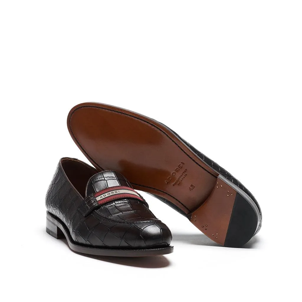 Dark Brown Croco Web Stripe Loafer