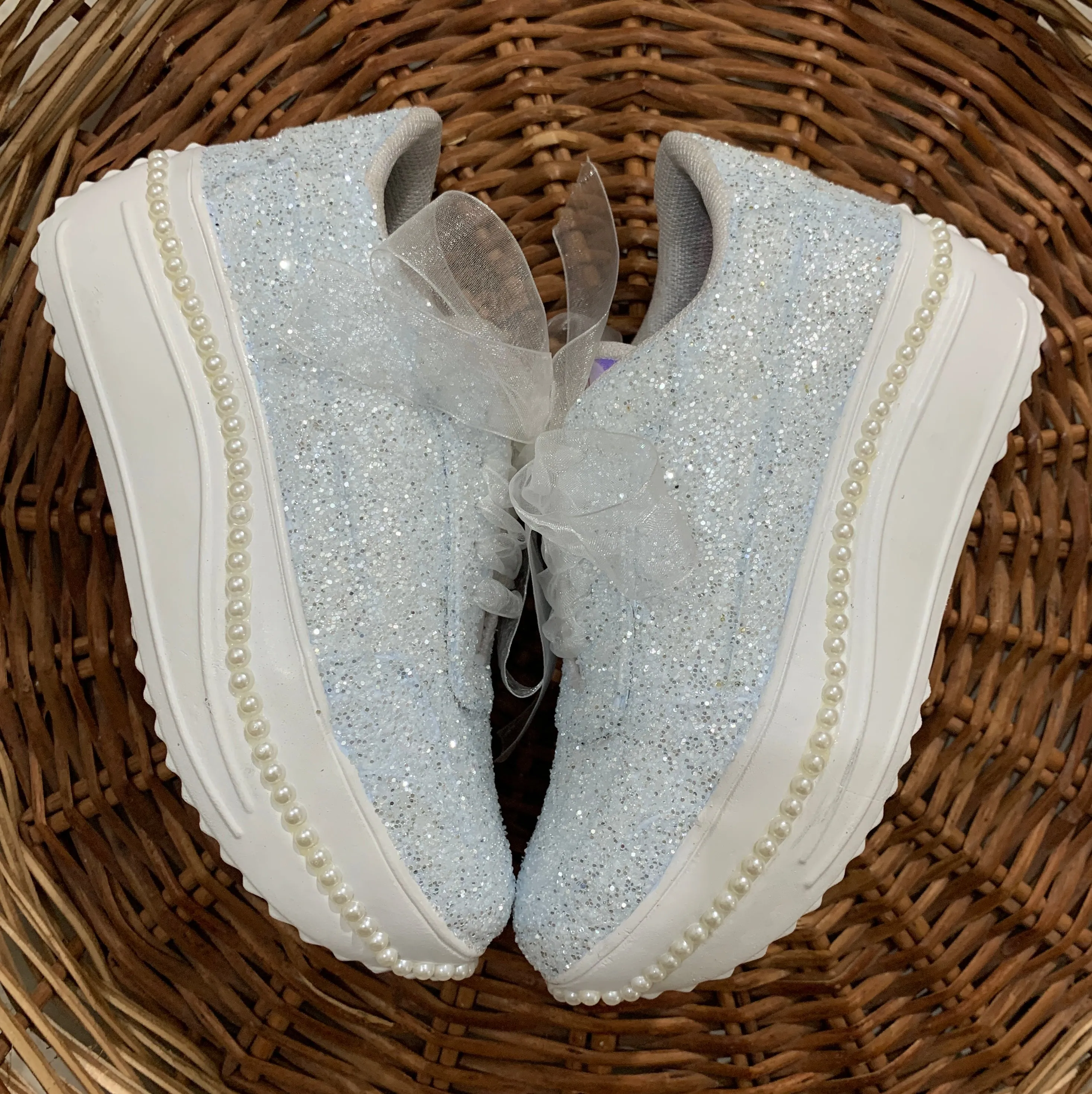 FUNKY N TRENDY powder blue glitter heeled sneakers with pearl detailing for brides /bridesmaids / sneakers for bridesmaids/ handcrafted sneakers/ glitter sneakers / bridal sneakers / bridesmaid sneakers/ blue sneakers / blue shoes