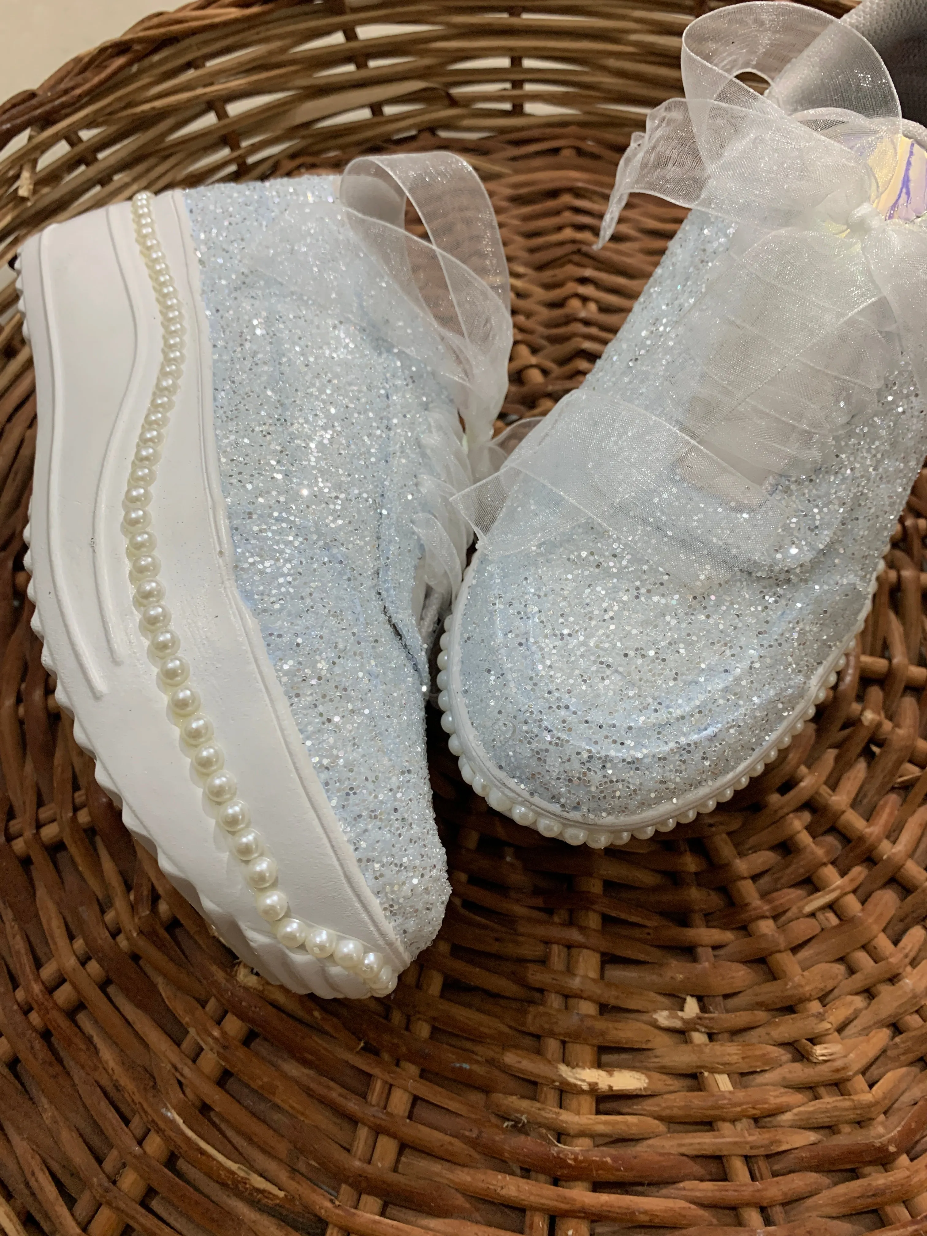 FUNKY N TRENDY powder blue glitter heeled sneakers with pearl detailing for brides /bridesmaids / sneakers for bridesmaids/ handcrafted sneakers/ glitter sneakers / bridal sneakers / bridesmaid sneakers/ blue sneakers / blue shoes