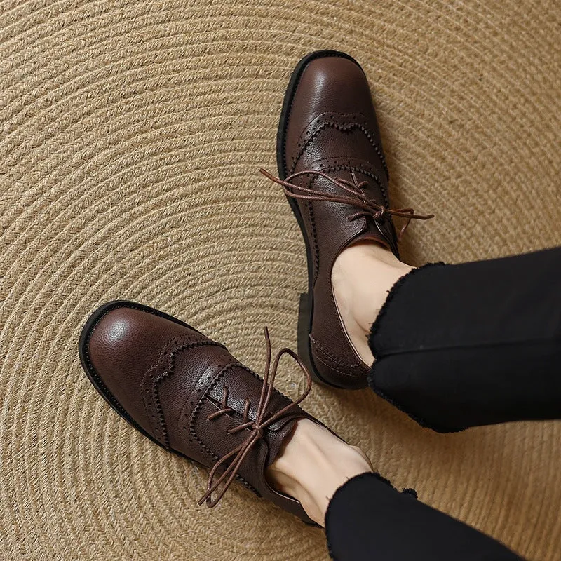 Genuine Leather Brogue Oxford Tie Shoes for Women in Brown/Black US5 to US10.5