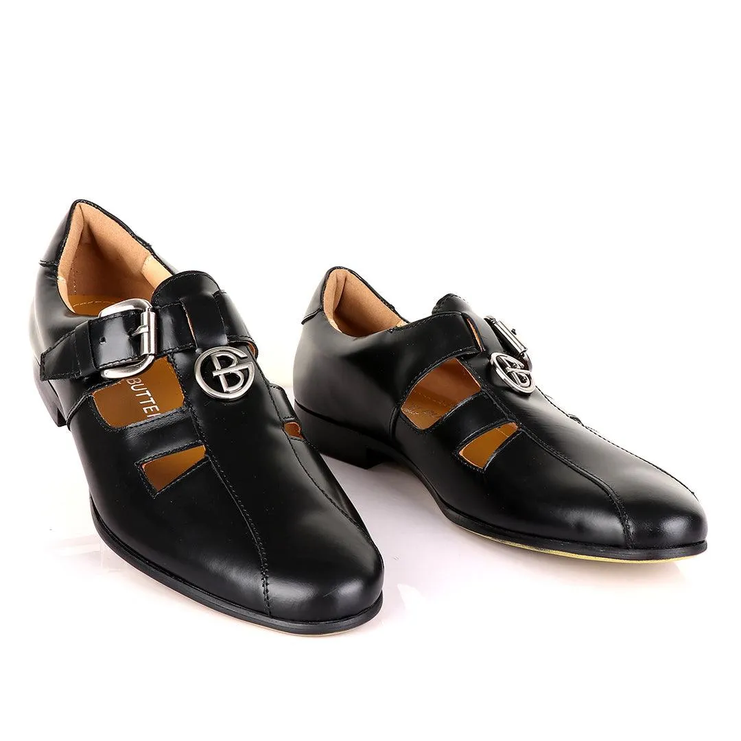 Gianfranco Butteri Black Leather with Golden Logo Sandals