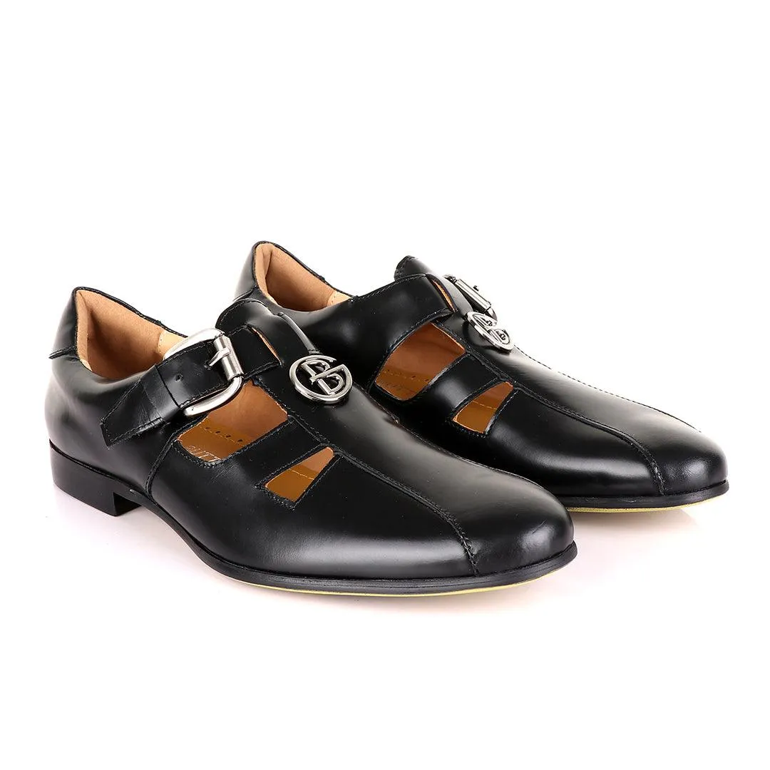 Gianfranco Butteri Black Leather with Golden Logo Sandals