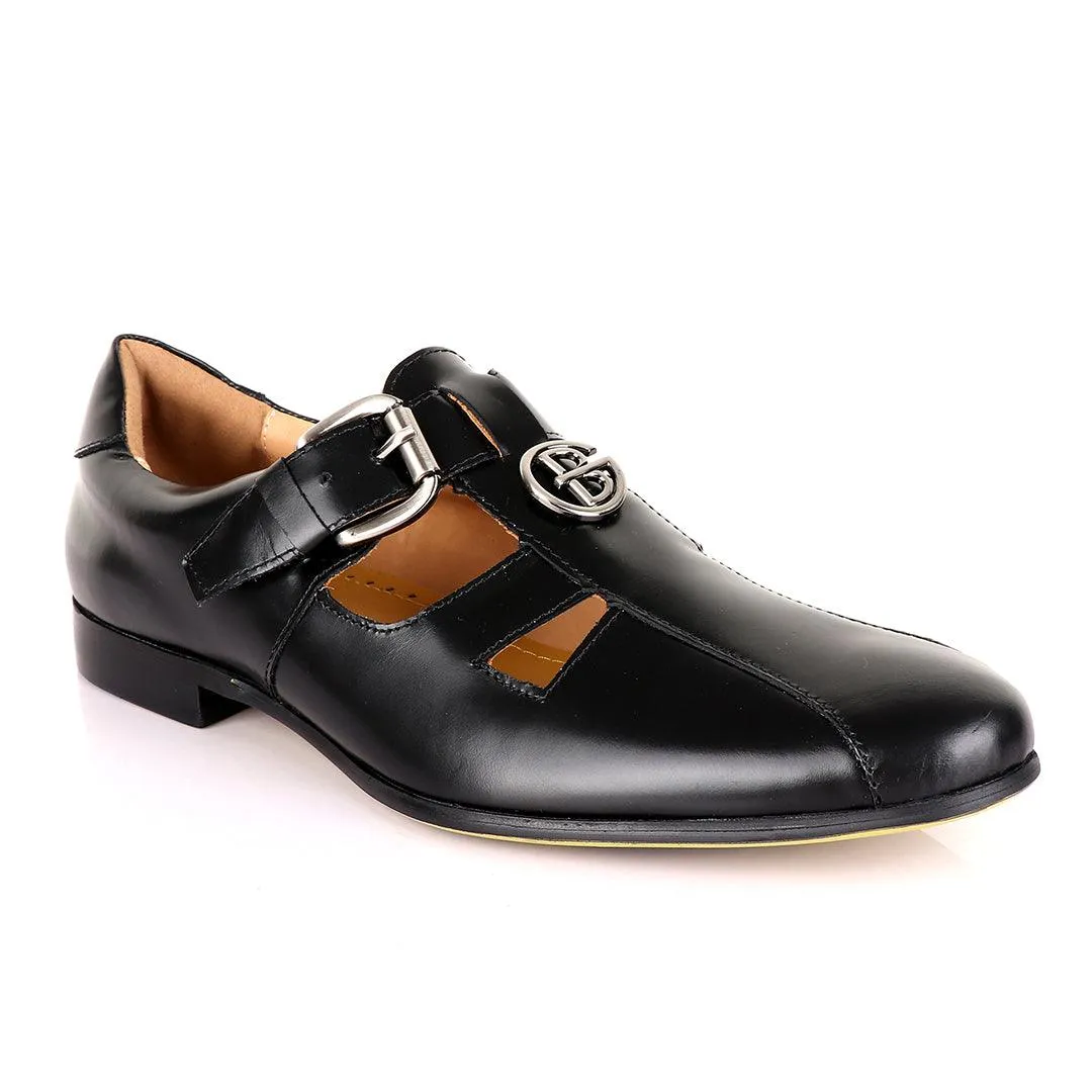 Gianfranco Butteri Black Leather with Golden Logo Sandals