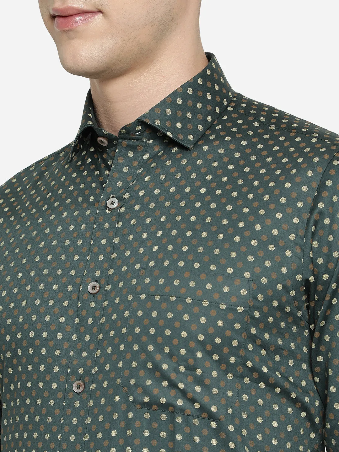 Green & Beige Printed Slim Fit Formal Shirt | Greenfibre