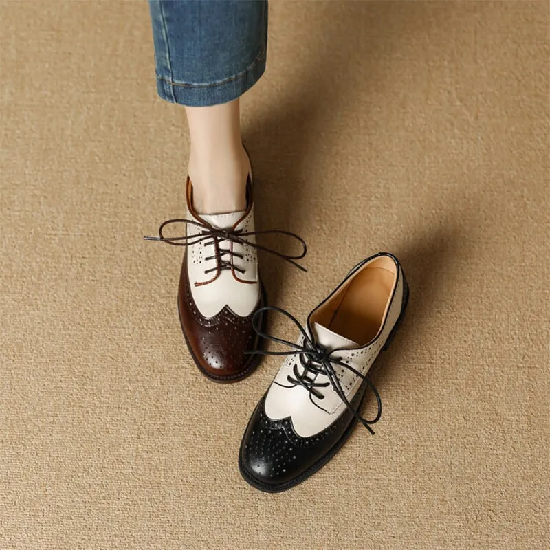 Handmade Cow Leather Color Blocking Full Brogue Oxfords Shoes For Women in Brown/Black