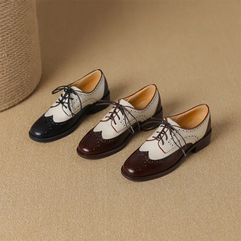 Handmade Cow Leather Color Blocking Full Brogue Oxfords Shoes For Women in Brown/Black