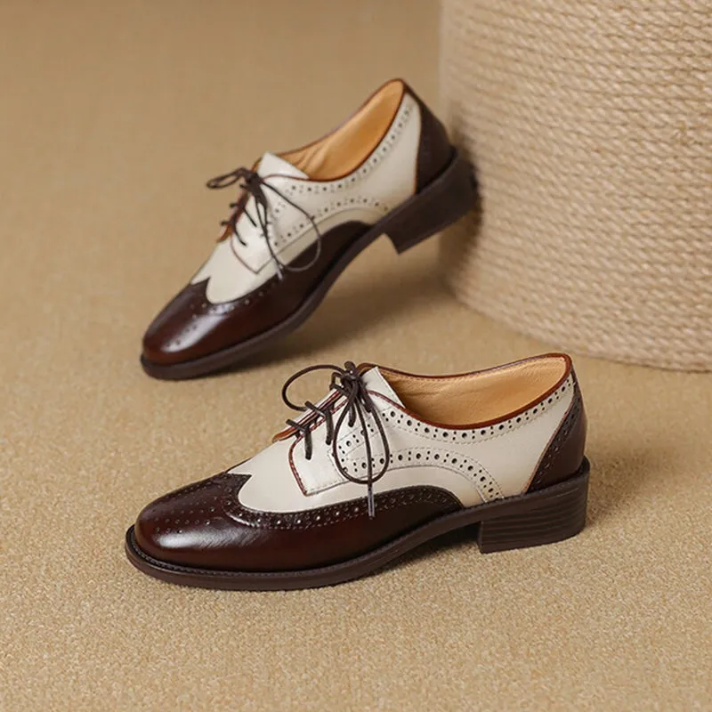 Handmade Cow Leather Color Blocking Full Brogue Oxfords Shoes For Women in Brown/Black