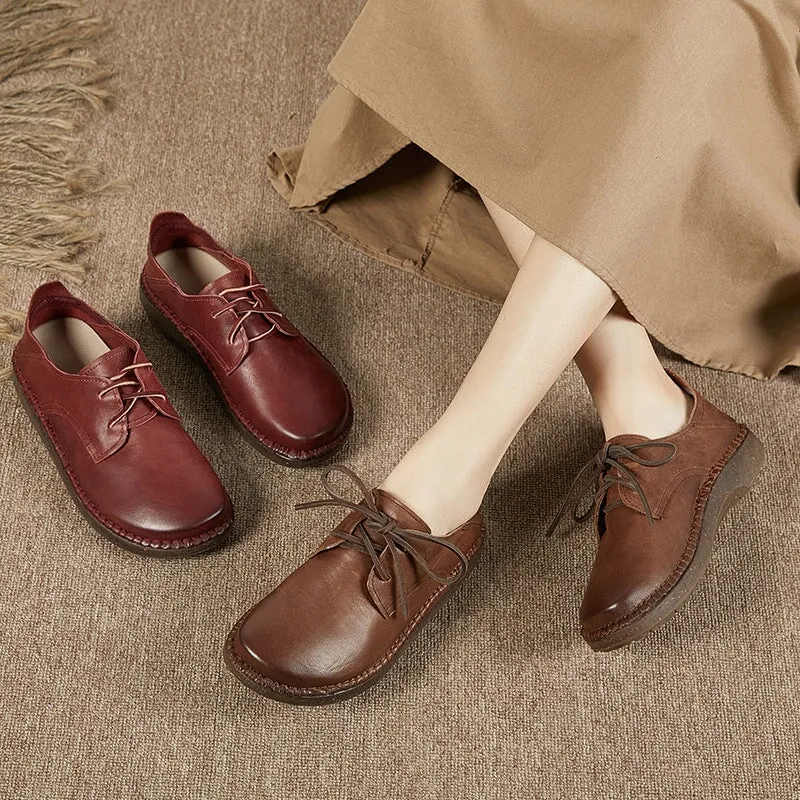 Handmade Soft Leather Oxfords & Tie Shoes For Women in Brown/Red