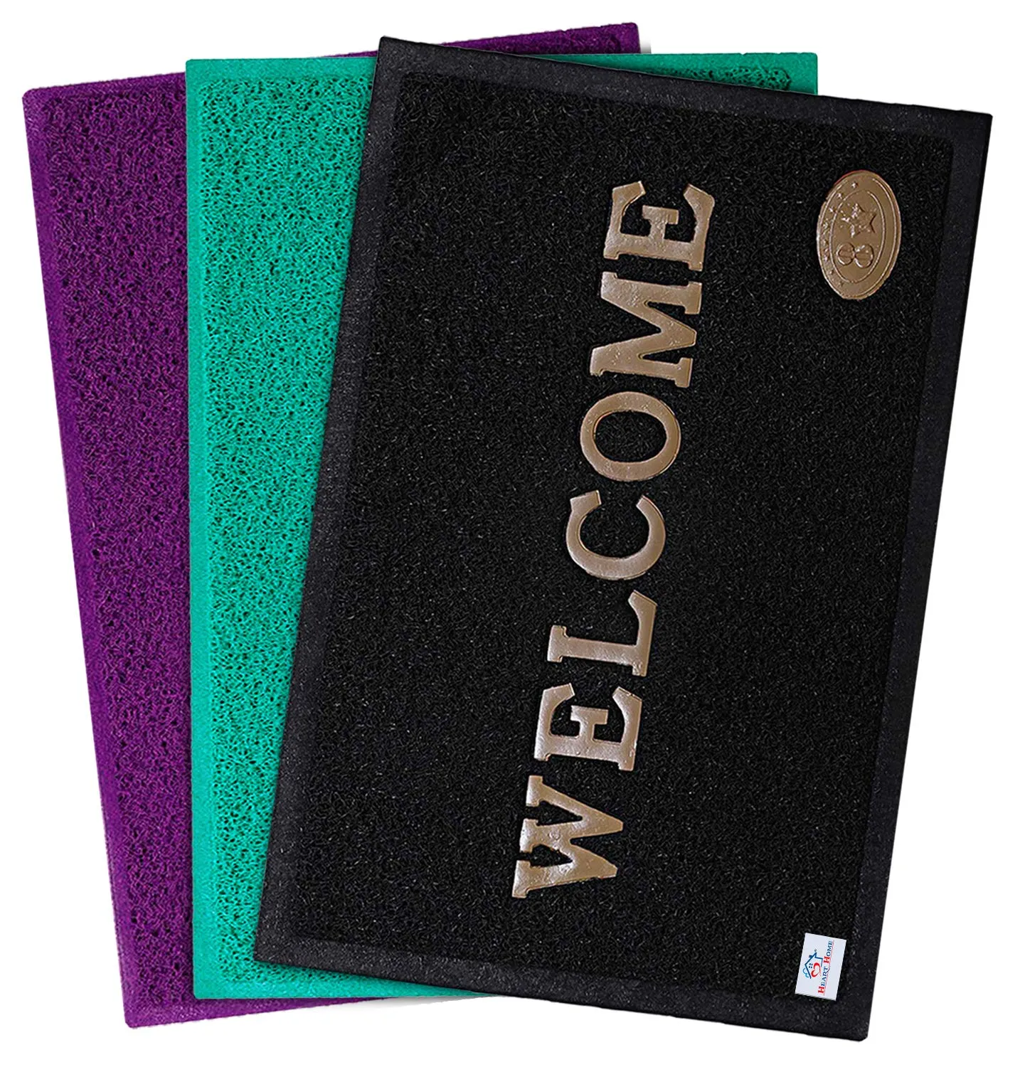 Heart Home Rubber Anti Slip Welcome Door Mat for Home Entrance, Office, Shop (Purple & Green & Black)-Pack of 3-HHEART15414