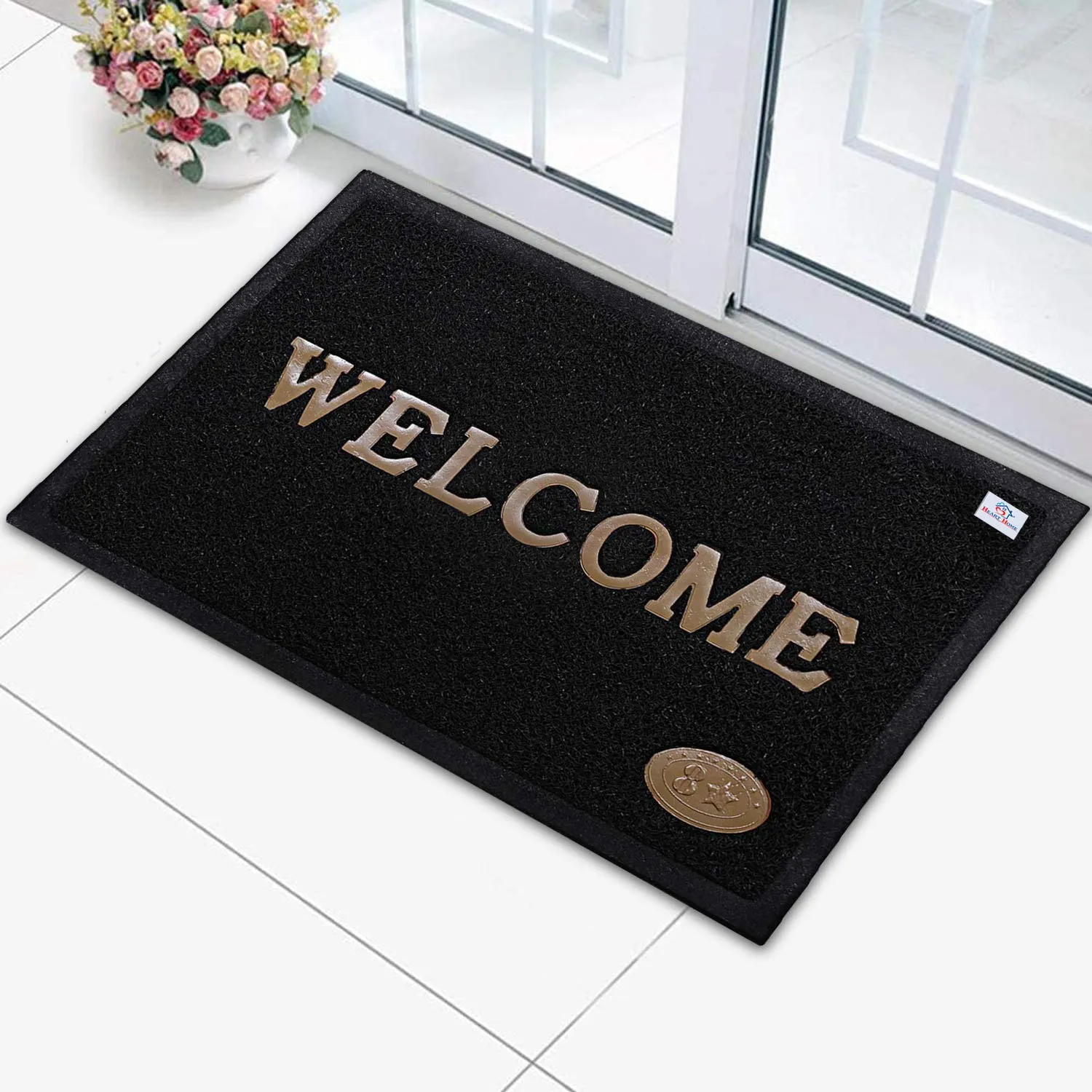 Heart Home Rubber Anti Slip Welcome Door Mat for Home Entrance, Office, Shop (Purple & Green & Black)-Pack of 3-HHEART15414