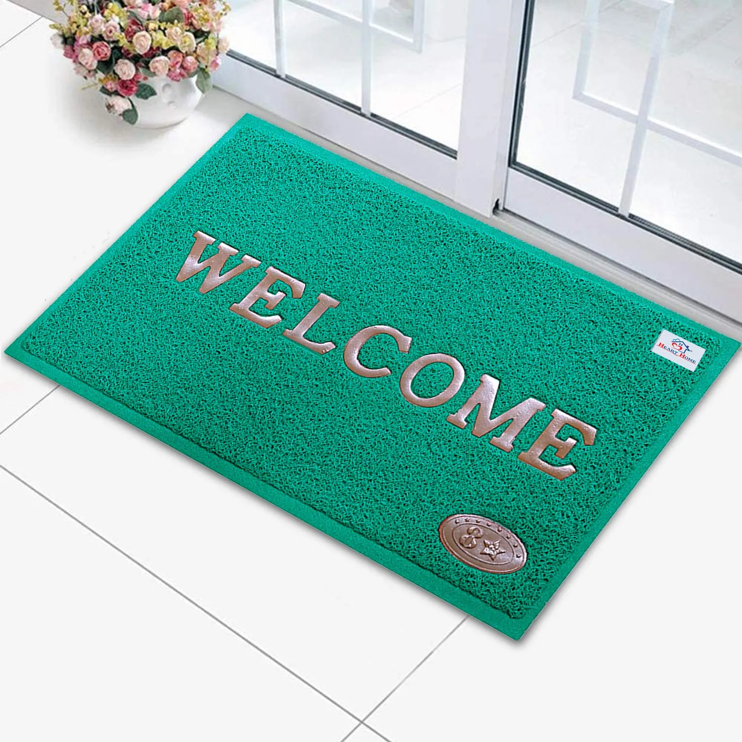 Heart Home Rubber Anti Slip Welcome Door Mat for Home Entrance, Office, Shop (Purple & Green & Black)-Pack of 3-HHEART15414