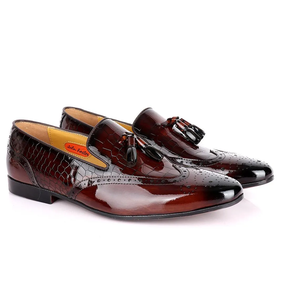 John Foster Half Croc Wetlips Leather With Tassel Design Brogues- Coffee