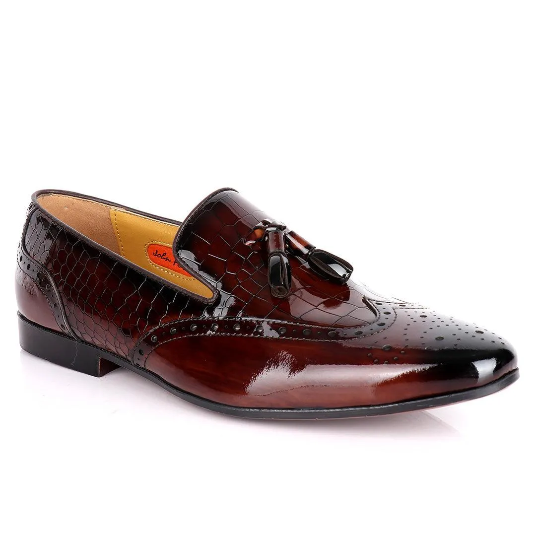 John Foster Half Croc Wetlips Leather With Tassel Design Brogues- Coffee