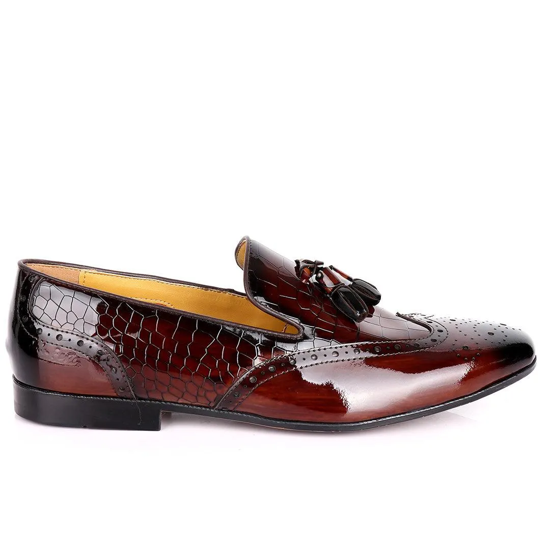 John Foster Half Croc Wetlips Leather With Tassel Design Brogues- Coffee