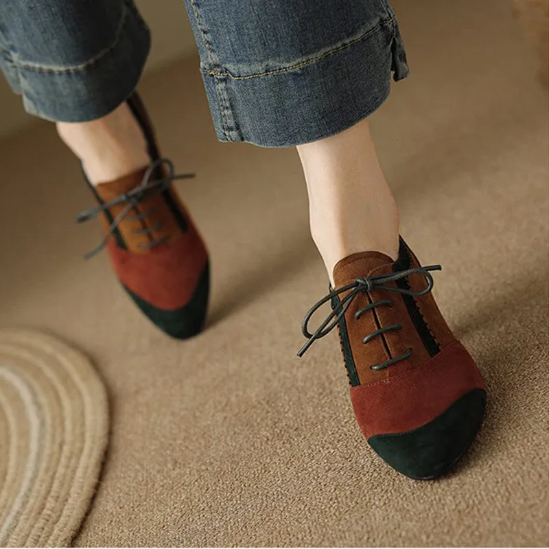 Kitty Heel Suede Leather Oxfords & Tie Shoes For Women Normal Fit in Color Blocking