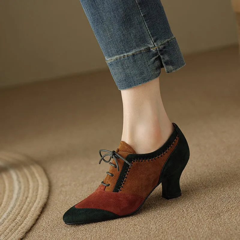 Kitty Heel Suede Leather Oxfords & Tie Shoes For Women Normal Fit in Color Blocking