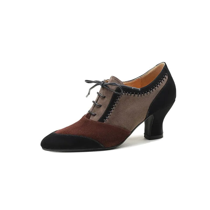 Kitty Heel Suede Leather Oxfords & Tie Shoes For Women Normal Fit in Color Blocking