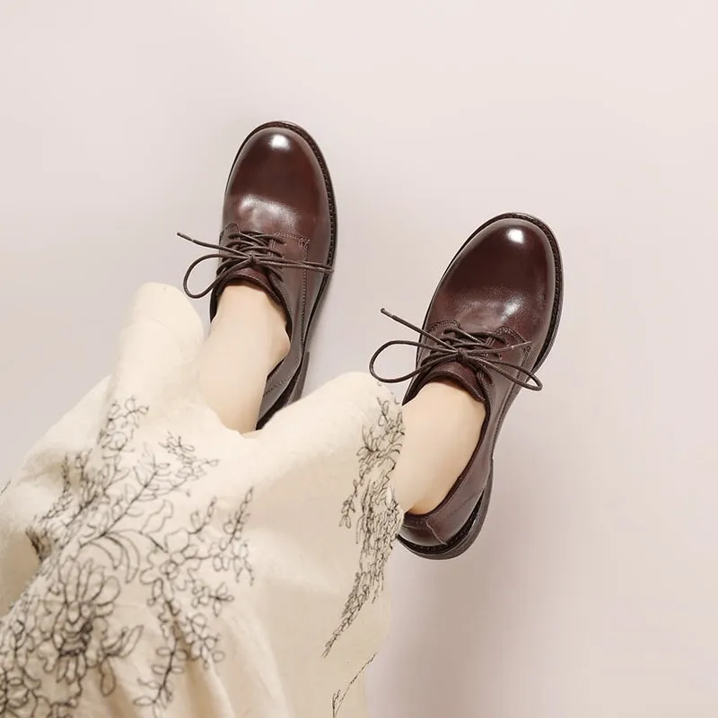 Lace Up Leather Derby Shoes for Women Round Toe Oxford Shoes Black/Brown/Burgundy/Khaki