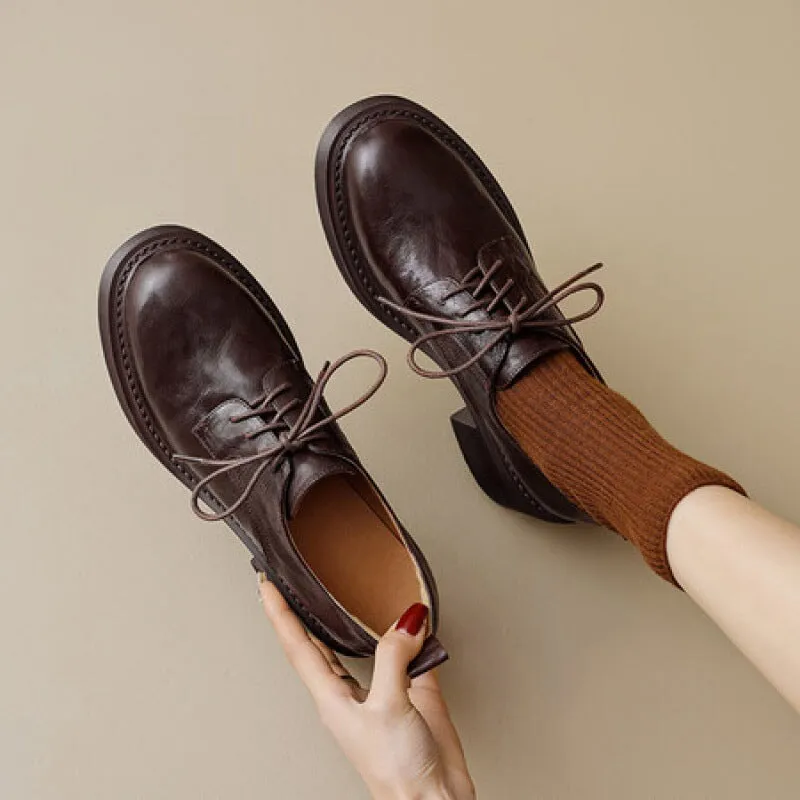 Leather Oxfords & Tie Shoes For Women 65mm Block Heels Normal Fit Brown/Black