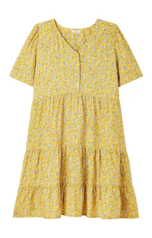 Mara Half Button V Neck Woven Dress - Yellow Ditsy