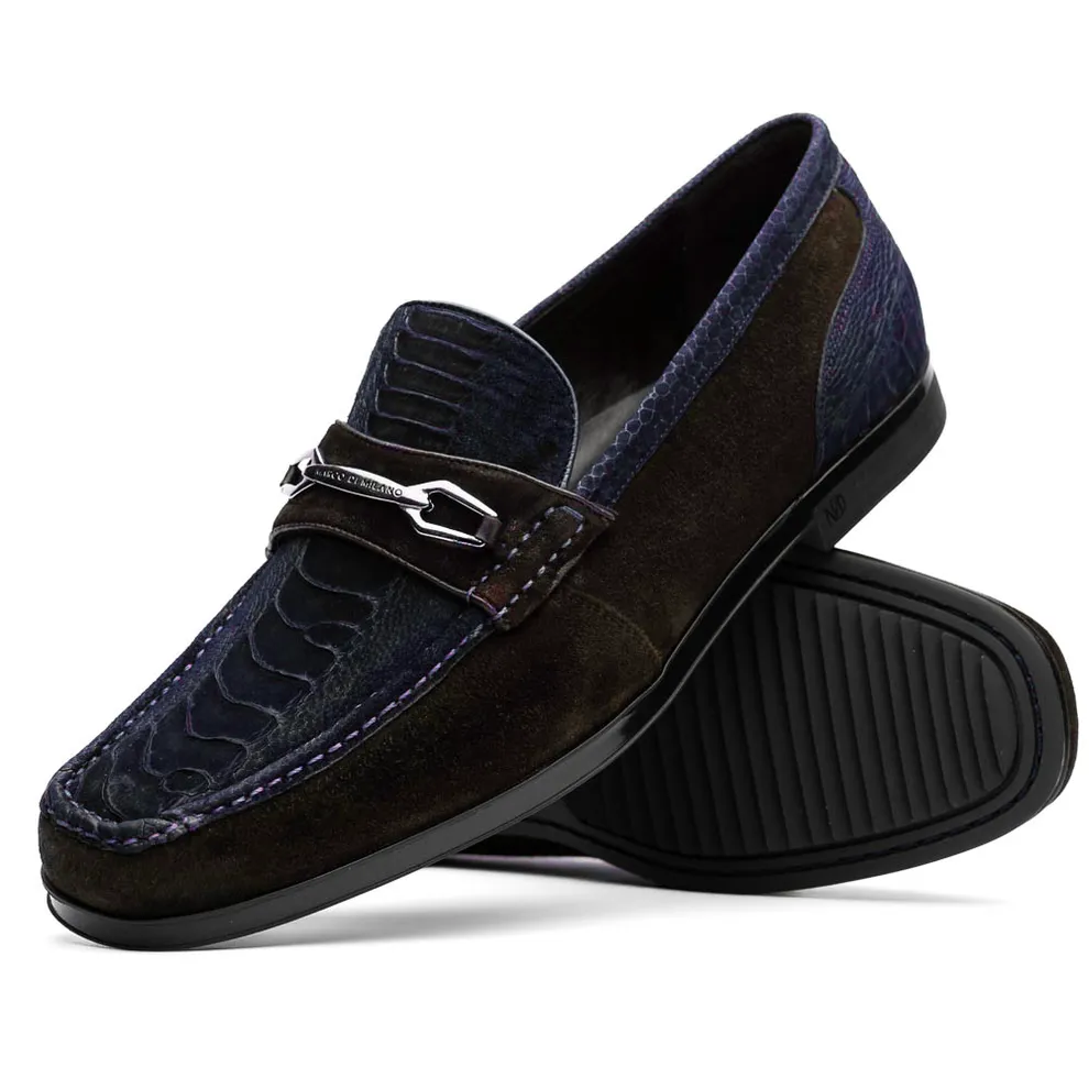 Marco Di Milano Hugo Men's Shoes Navy & Brown Suede / Ostrich Leg Horsebit Loafers (MDM1060)