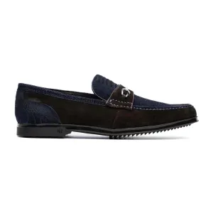 Marco Di Milano Hugo Men's Shoes Navy & Brown Suede / Ostrich Leg Horsebit Loafers (MDM1060)