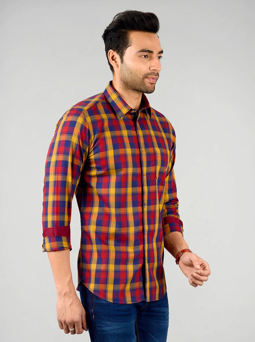 Mustard Yellow & Blue Checked Slim Fit Casual Shirt | Greenfibre