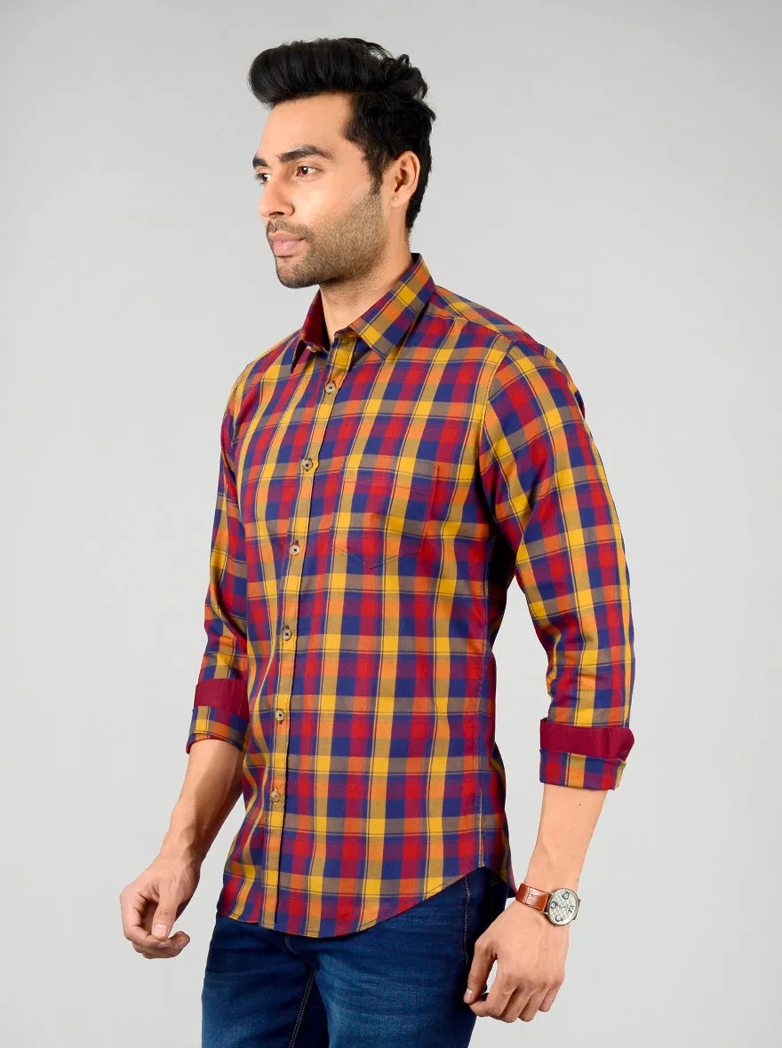 Mustard Yellow & Blue Checked Slim Fit Casual Shirt | Greenfibre