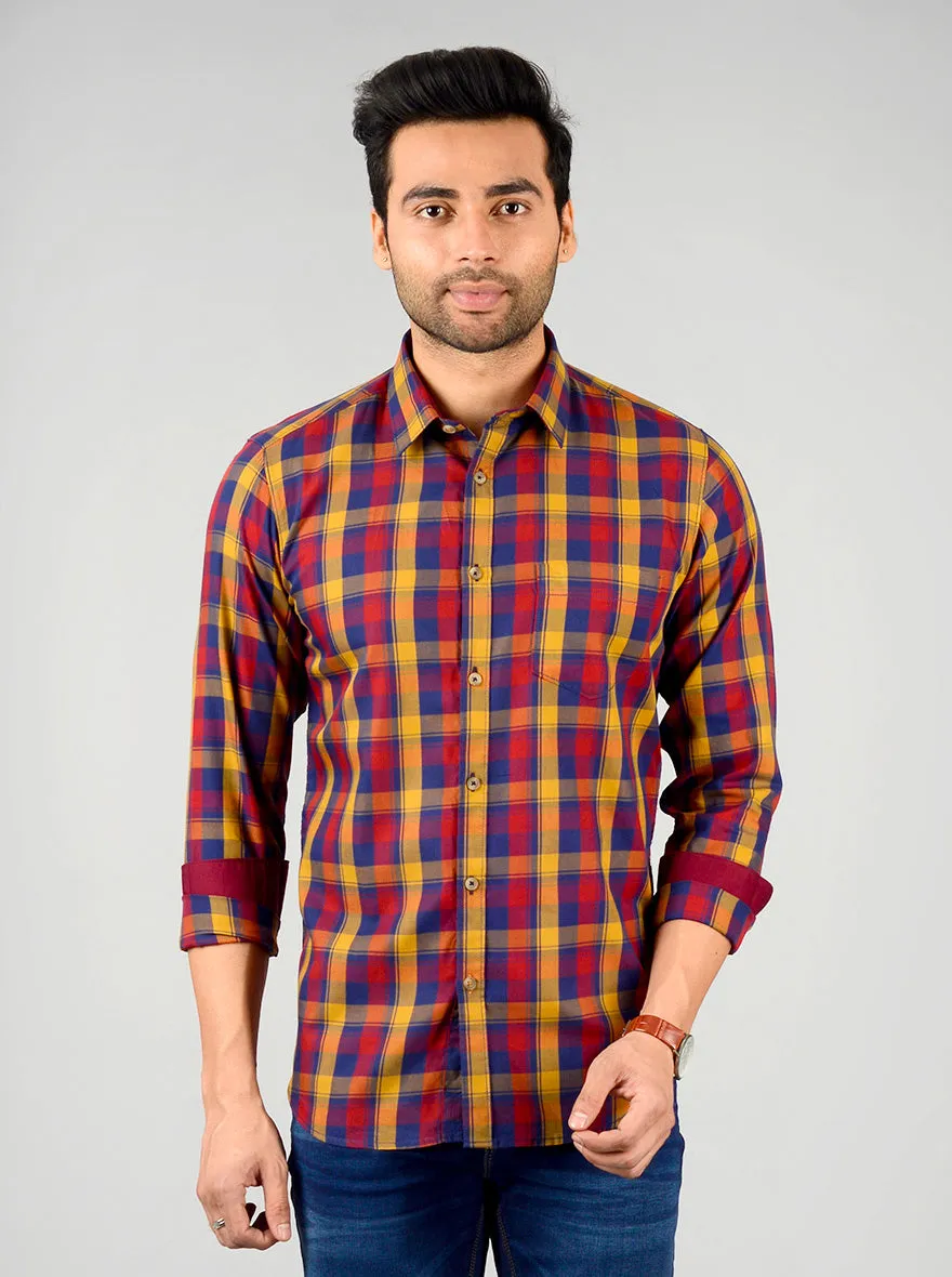 Mustard Yellow & Blue Checked Slim Fit Casual Shirt | Greenfibre