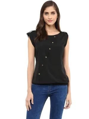 Pannkh Women's Black Top With Fake Shoulder-Tab