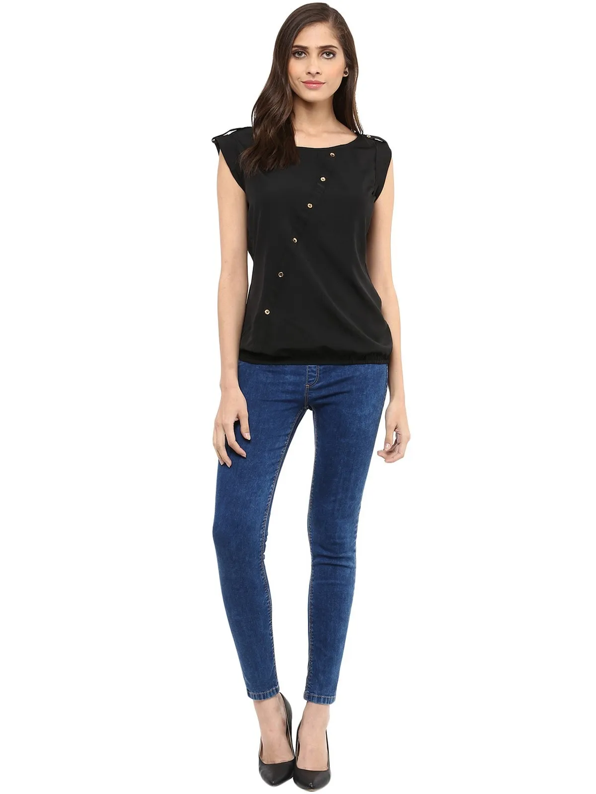 Pannkh Women's Black Top With Fake Shoulder-Tab