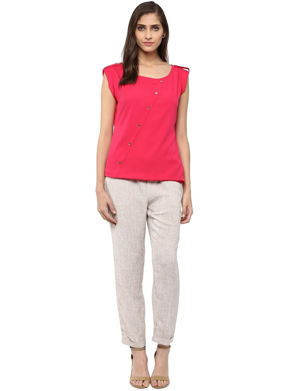 Pannkh Women's Pink Top With Fake Shoulder-Tab