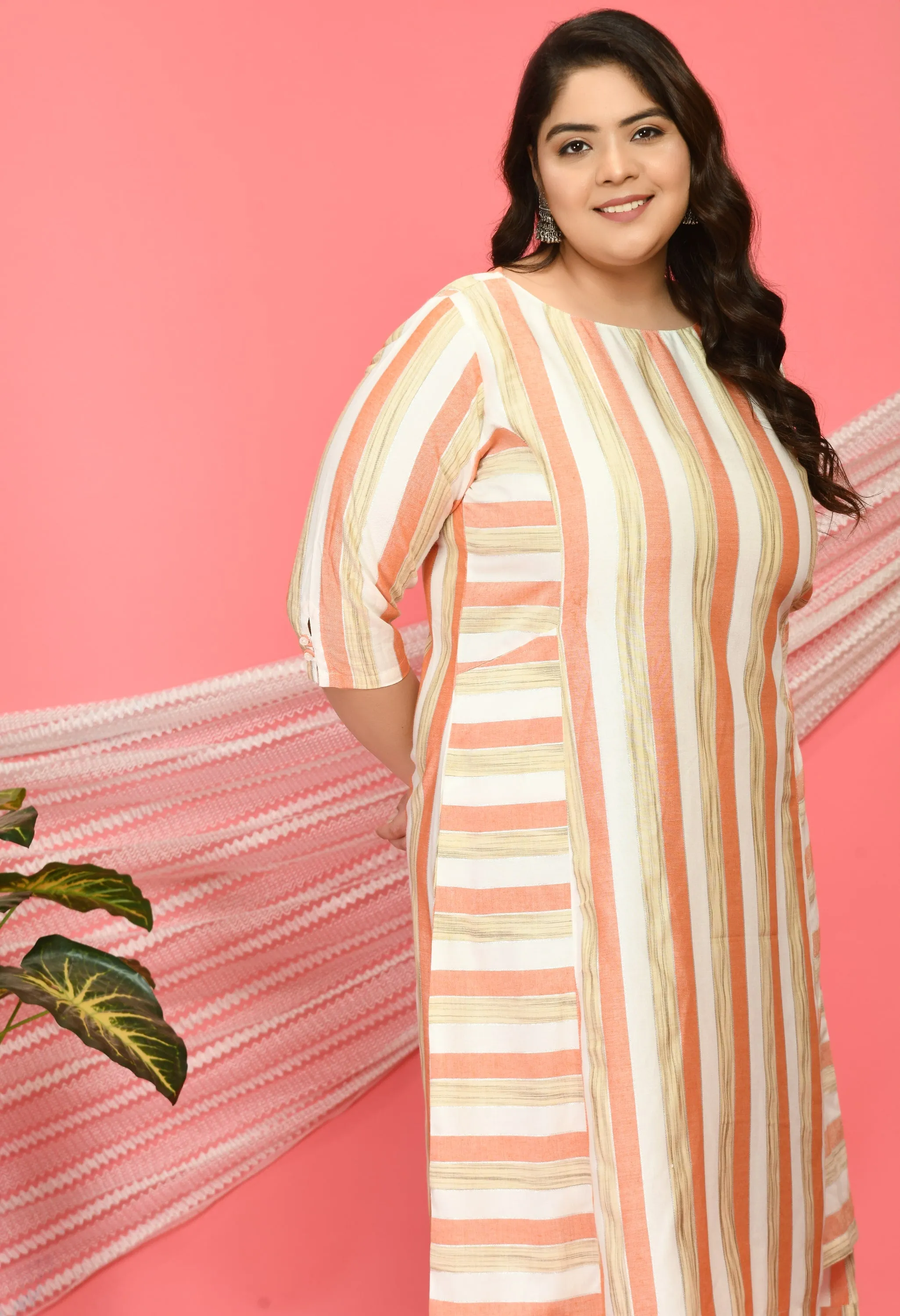 Plus Size Plus Size Striped Peach Midi Dress